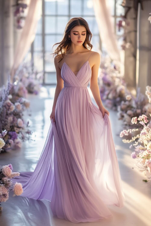 A chic woman in a pastel lavender maxi dress with an empire waist and a flowing chiffon overlay