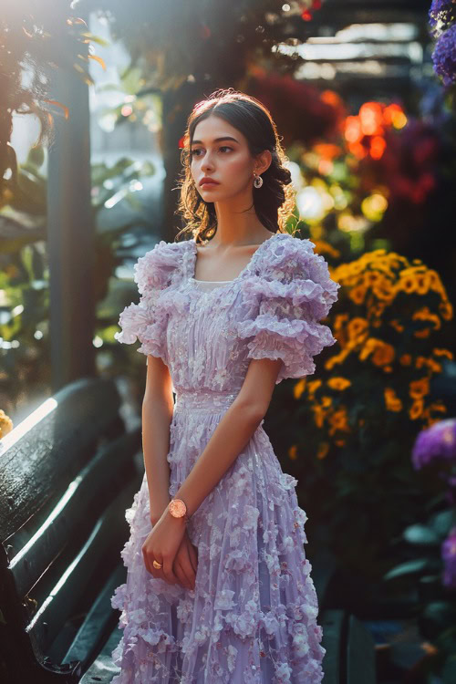 A chic woman in a pastel lavender tea-length dress with subtle floral prints and ruffle sleeves