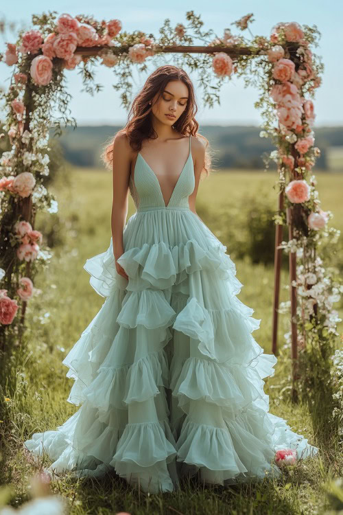 A chic woman in a pastel mint green sleeveless maxi dress with a tiered chiffon skirt and spaghetti straps