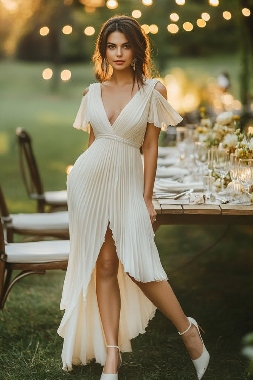 A chic woman in a soft ivory high-low dress with a modest neckline and pleated skirt, standing near a brightly lit wedding reception table outdoors