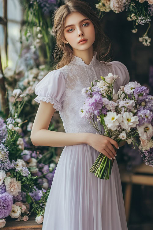 A chic woman in a soft lilac knee-length dress with cap sleeves and a scalloped hem