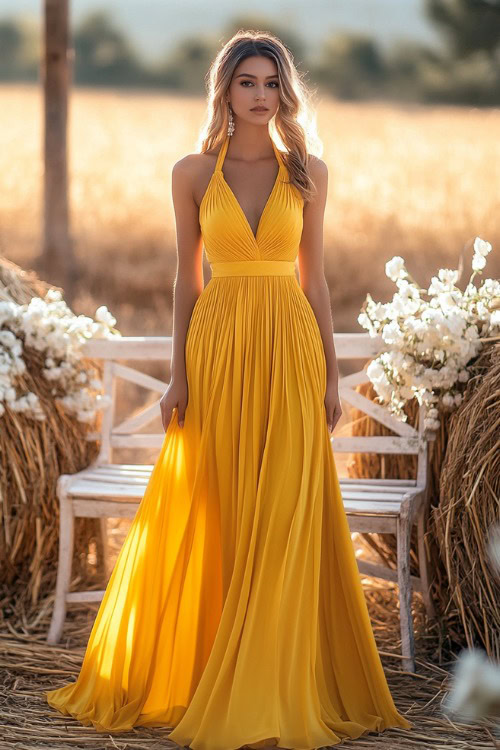 A chic woman in a sunflower yellow A-line dress with a pleated skirt and halter neckline