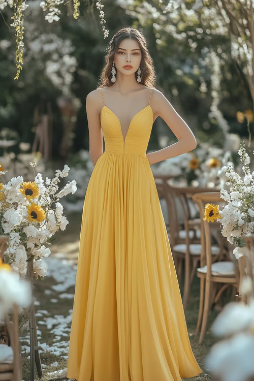 A chic woman in a sunflower yellow A-line dress with spaghetti straps and subtle pleats