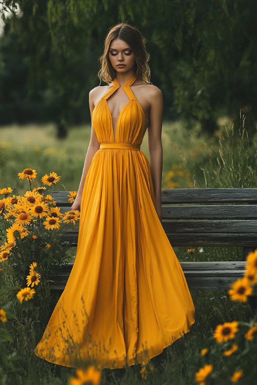 A chic woman in a sunflower yellow high-low dress with a halter neckline and tiered hem