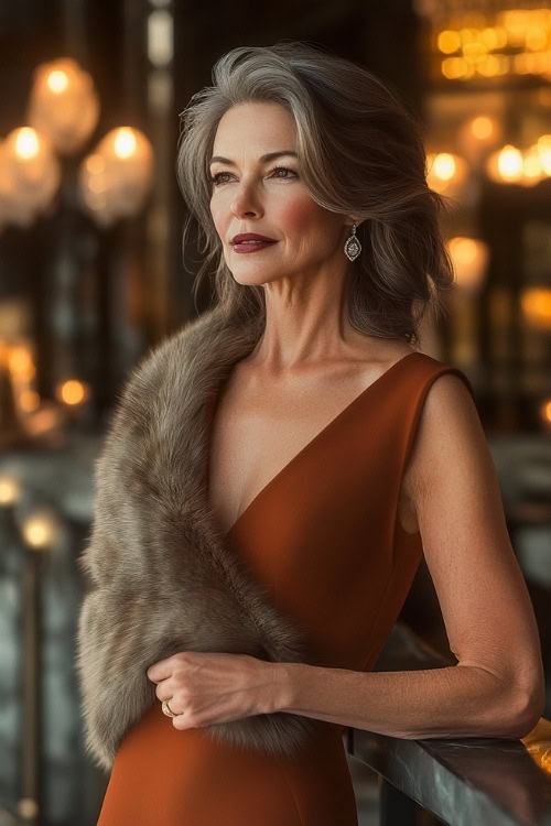 A chic woman over 50 in a burnt sienna sheath dress with a fur stole, standing in a candle-lit reception venue