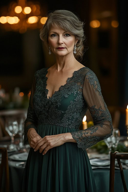 A chic woman over 50 in a dark emerald green A-line dress with sheer lace sleeves, standing near a candlelit wedding reception table