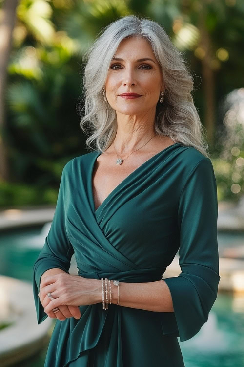 A chic woman over 50 in a forest green wrap dress with three-quarter sleeves, standing near a fountain in an outdoor wedding setting