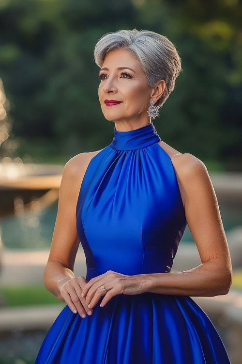 A chic woman over 50 in a royal blue satin gown with a high neckline, standing near a fountain in a luxury wedding venue