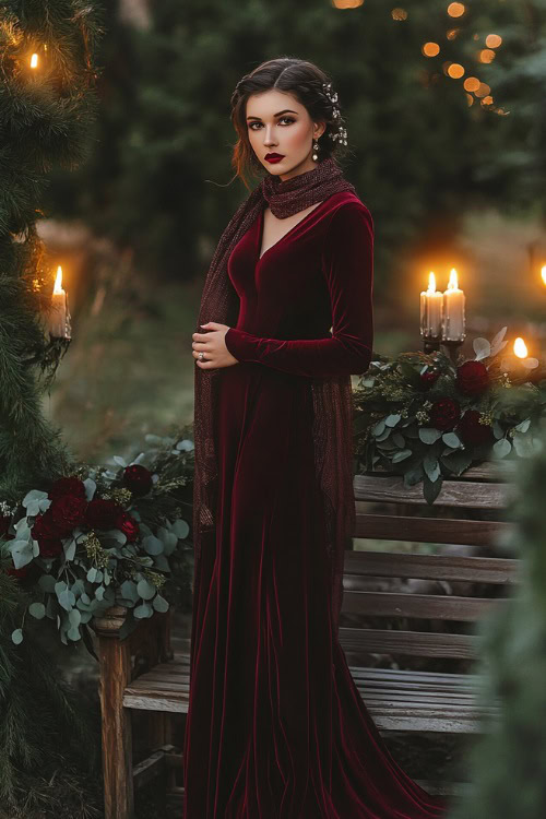 A chic woman wearing a burgundy velvet tea-length dress styled with a wool scarf