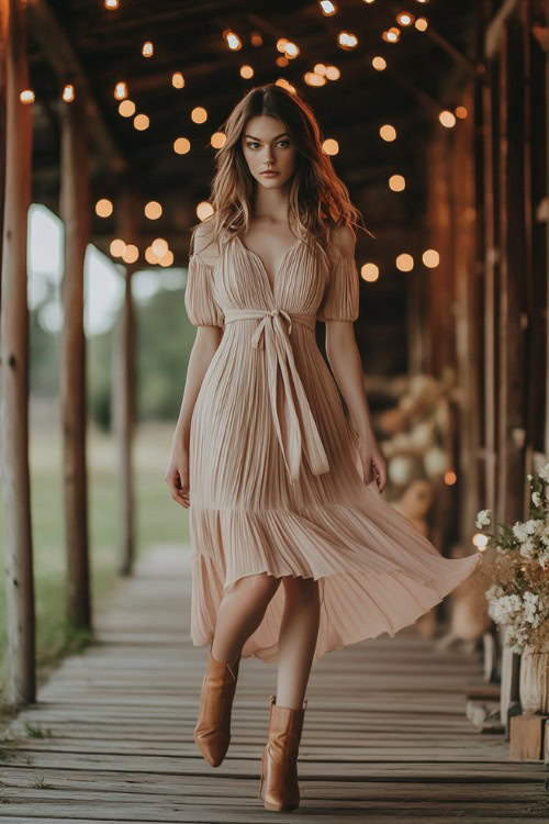 A chic woman wearing a champagne-colored tea-length dress with pleated details, styled with tan ankle boots