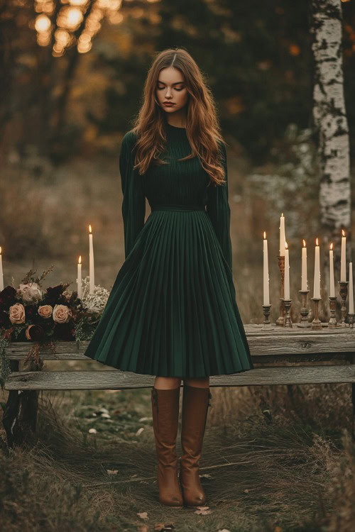 A chic woman wearing a deep forest green tea-length dress with a pleated skirt