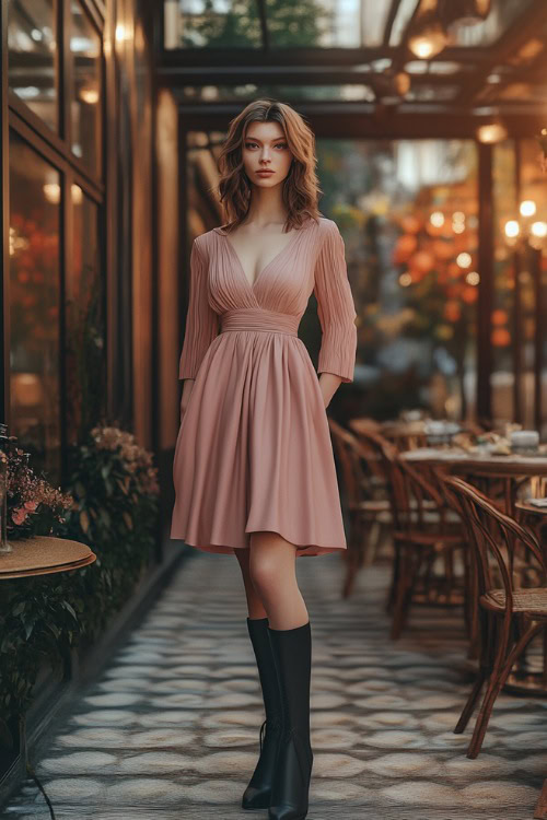 A chic woman wearing a dusty rose A-line dress with a fitted waist, styled with black ankle boots (2)