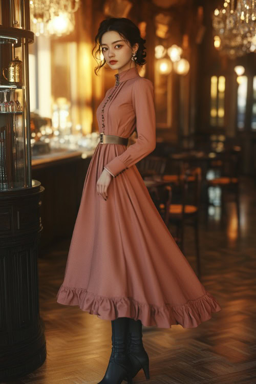 A chic woman wearing a dusty rose A-line dress with a fitted waist, styled with black ankle boots, standing near a warmly lit wedding reception area