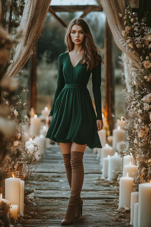 A chic woman wearing a forest green A-line dress with long sleeves, paired with taupe suede knee-high boots