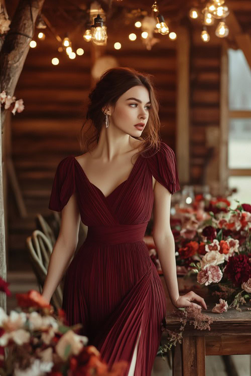 A chic woman wearing a maroon high-low dress with subtle pleats