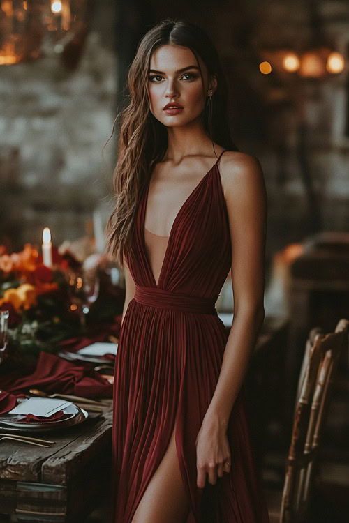 A chic woman wearing a maroon high-low dress with subtle pleats,