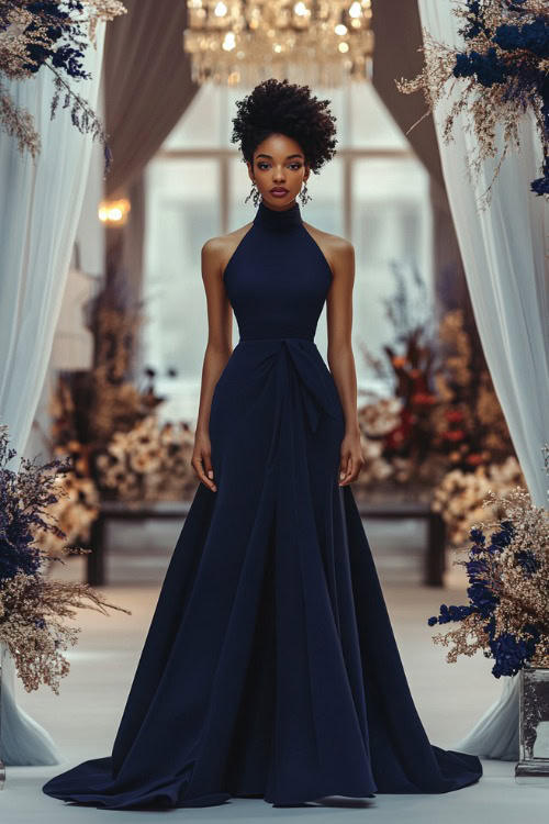 A chic woman wearing a navy high-neck gown with a subtle train, standing near a decorated indoor wedding stage