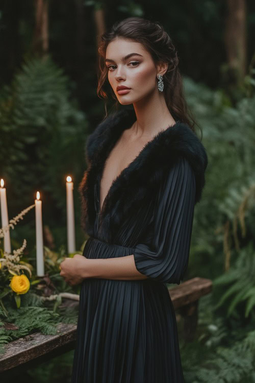 A chic woman wearing a navy pleated midi dress styled with a faux fur stole