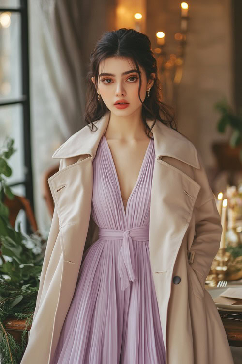 A chic woman wearing a pastel lavender pleated midi dress paired with a beige trench coat