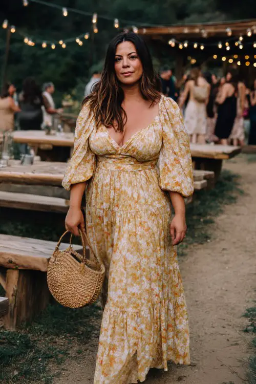 A curvy guest in a tiered floral maxi dress with smocked bodice and puff sleeves, holding a woven clutch