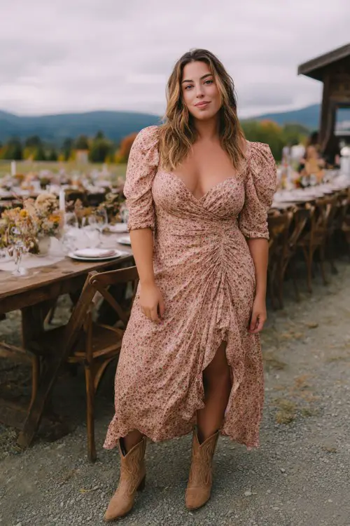 A curvy woman in a flowy floral midi dress with puff sleeves and ankle cowboy boots at a country wedding