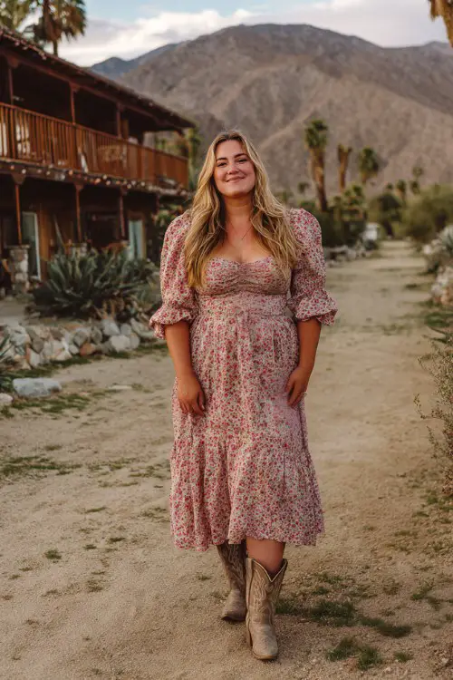 A curvy woman in a flowy floral midi dress with puff sleeves and ankle cowboy boots at a country wedding