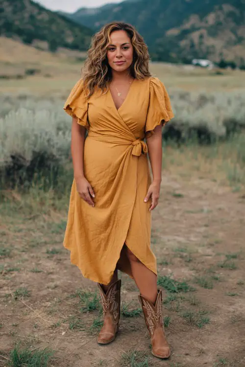 A curvy woman in a muted mustard wrap midi dress with flutter sleeves and cowboy boots
