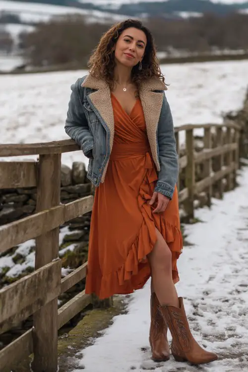 A curvy woman over 30 wears a burnt orange wrap dress with a midi hemline and ruffle detail, paired with a shearling-lined denim jacket and heeled western boots (2)