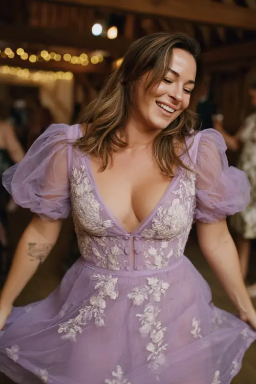 A curvy woman over 30 wears a lavender tulle tea-length dress with floral embroidery and puff sleeves