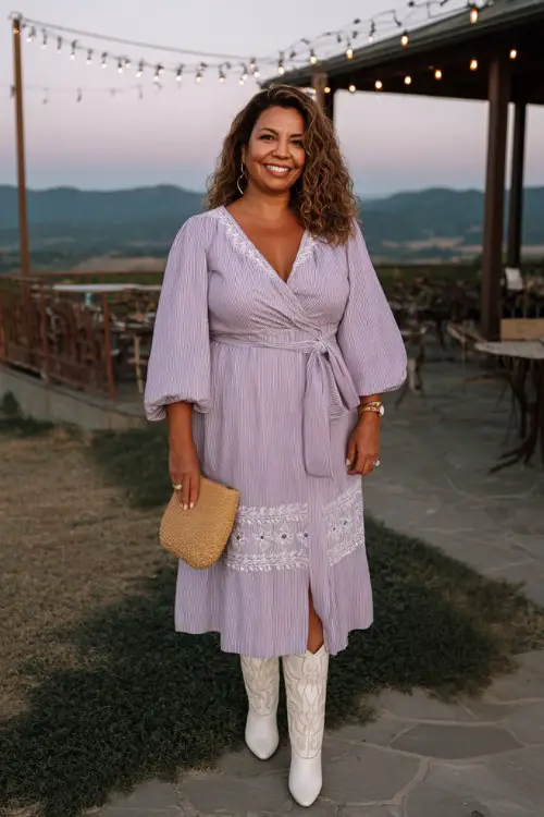 A curvy woman over 40 wears a lilac boho midi dress with embroidered white boots and a straw clutch