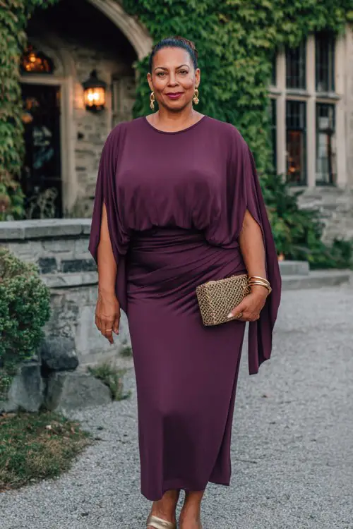 A curvy woman over 50 wears a deep plum column dress with a pleated cape overlay and fitted waist, paired with gold accessories and closed-toe heels