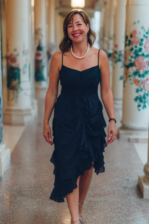 A curvy woman over 50 wears a navy chiffon layered cocktail dress with a pearl necklace and strappy heels