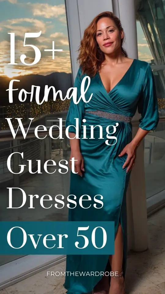 A curvy woman over 50 wears a teal satin wedding guest dress with a subtle side slit, three-quarter sleeves, and a sequin-detailed belt