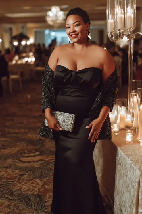 A curvy woman wears a black off-the-shoulder mermaid dress with a dramatic train and a silver beaded clutch, layered with a cropped structured blazer