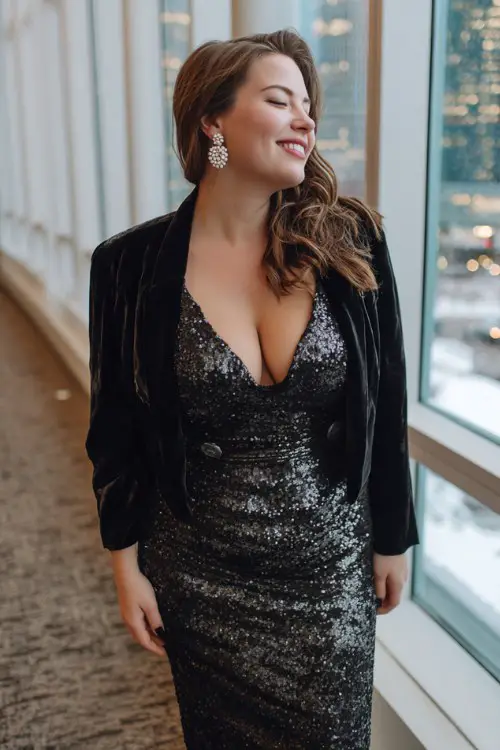 A curvy woman wears a black sequin gown with a velvet cropped jacket and pearl earrings