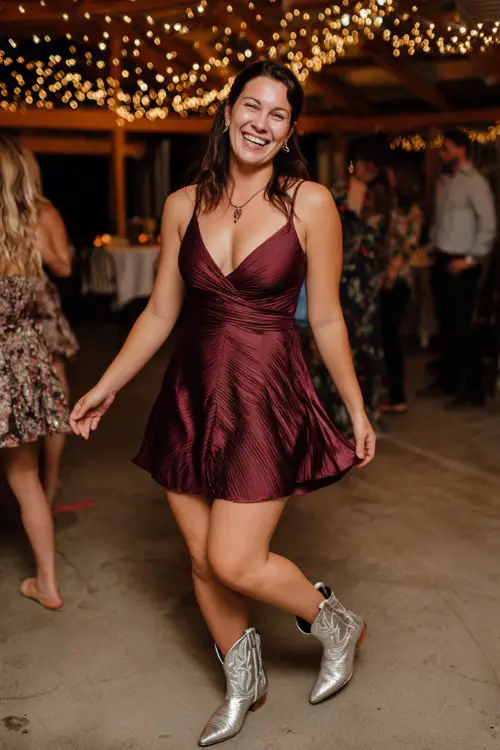 A curvy woman wears a burgundy pleated satin dress with a plunging neckline and metallic silver cowboy boots
