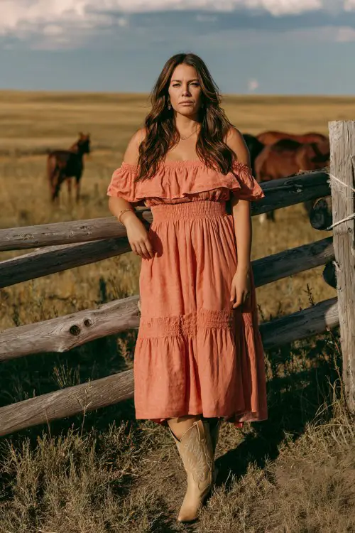 A curvy woman wears a coral off-shoulder maxi dress with a tiered hem and beige cowboy boots