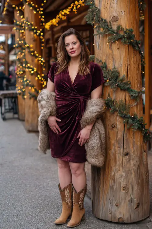 A curvy woman wears a deep burgundy velvet wrap dress with tan cowboy boots and a faux fur stole