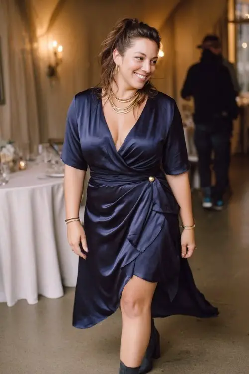 A curvy woman wears a navy satin wrap dress with gold jewelry and ankle boots