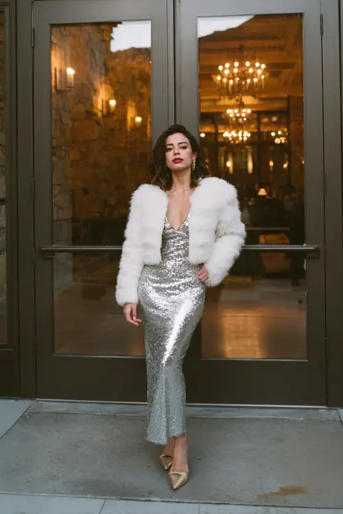 A curvy woman wears a silver sequin column dress with long sleeves and a white cropped faux fur jacket