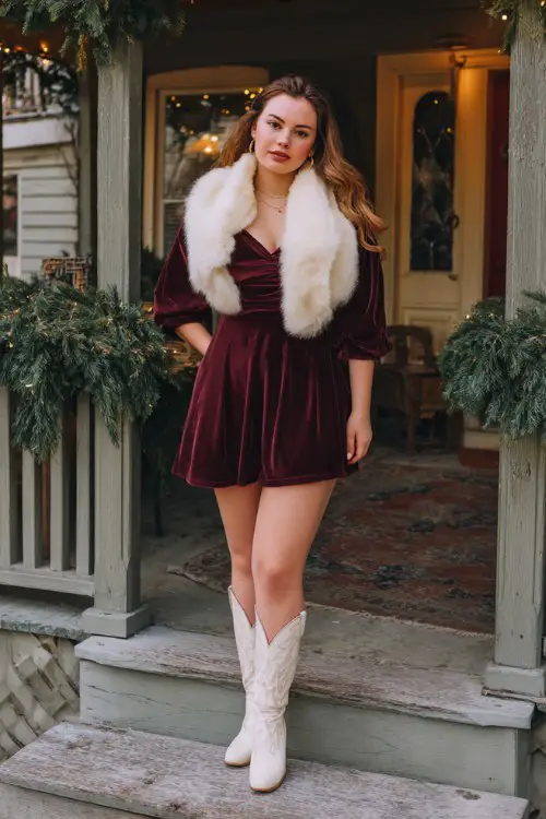 A curvy woman wears a wine-colored velvet A-line dress with balloon sleeves, ivory embroidered cowboy boots, and a white faux fur stole