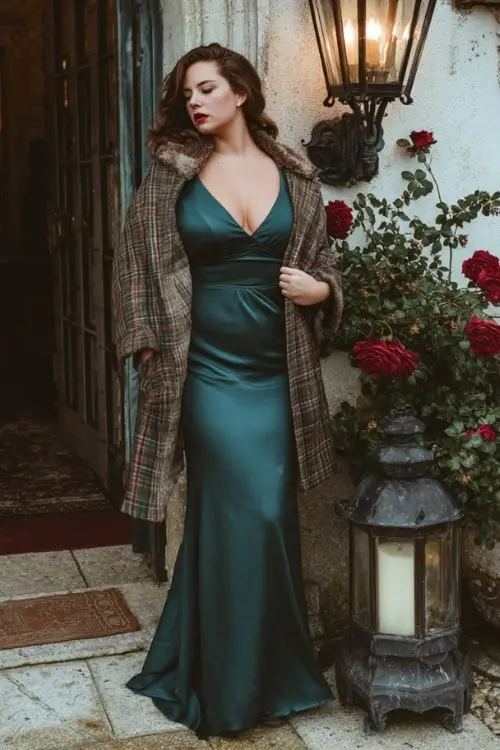 A curvy woman wears an emerald mermaid classy wedding guest dress under a plaid wool cape trimmed with faux fur for a winter wedding