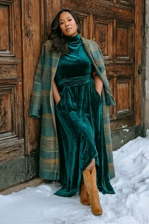 A curvy woman wears an emerald velvet high-neck gown with a cascading train, tan suede cowboy boots, and a long plaid wool coat draped over her shoulders
