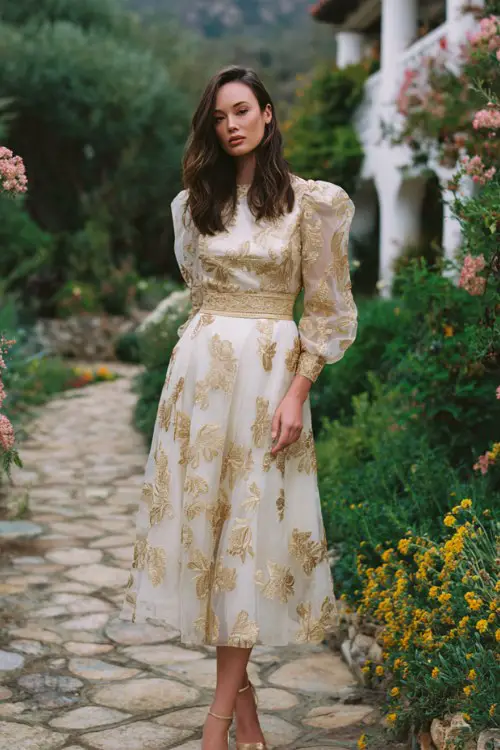 A fashionable guest in a tea-length A-line dress made of embroidered organza with gold thread details