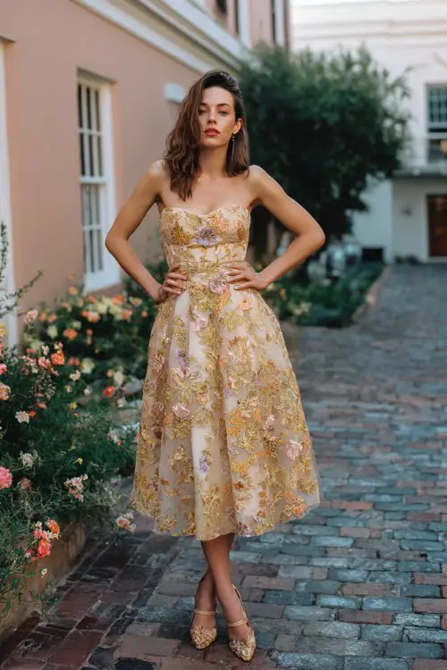 A fashionable guest in a tea-length A-line dress made of embroidered organza with gold thread details