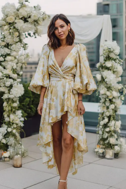 A fashionable guest wearing a gold foil-printed high-low dress with dramatic sleeves and pointed heels