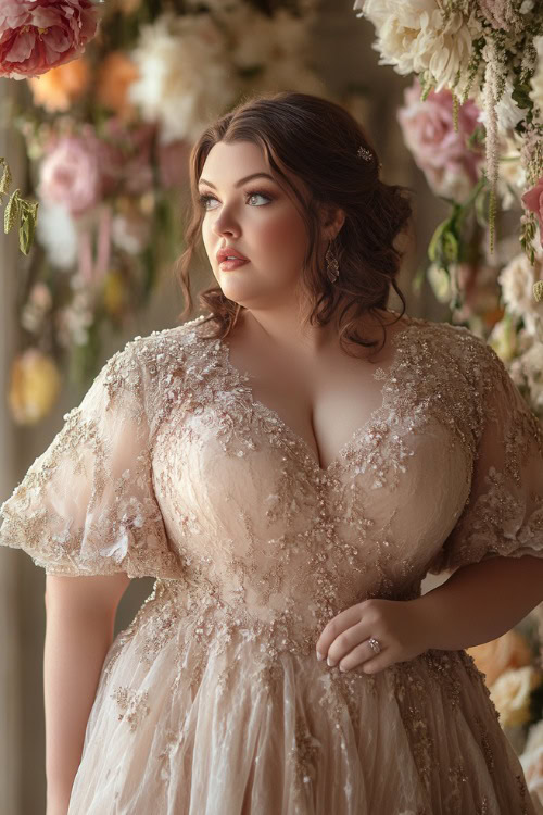 A fashionable plus-size woman in a champagne-colored tea-length dress with a boat neckline and flutter sleeves