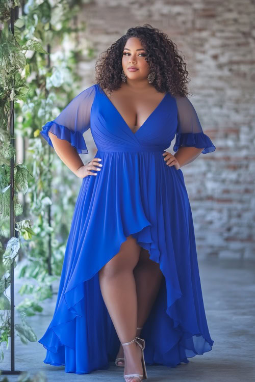 A fashionable plus-size woman in a cobalt blue high-low dress with a V-neckline and flutter sleeves