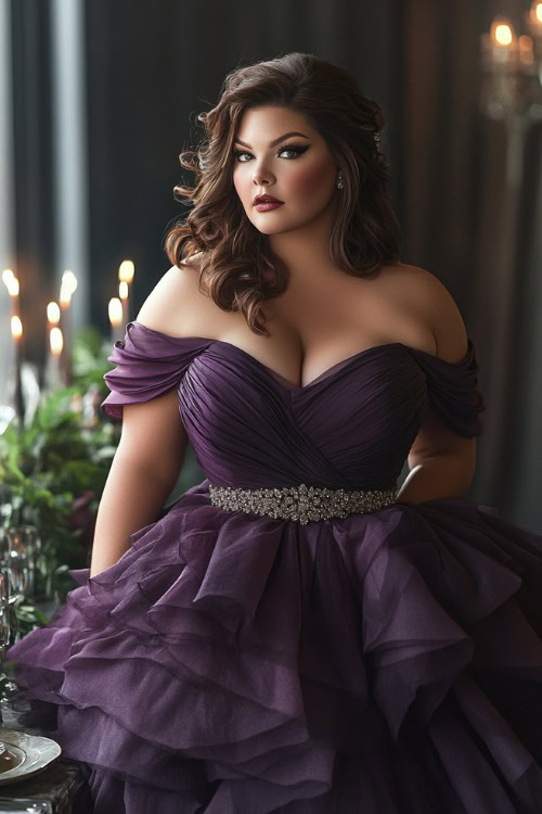 A fashionable plus-size woman in a deep plum off-the-shoulder ballgown with a layered skirt and rhinestone belt