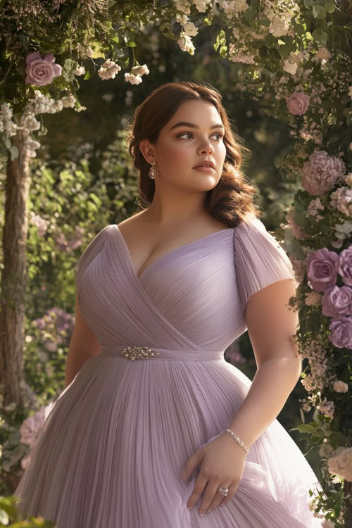 A fashionable plus-size woman in a pastel lavender A-line gown with subtle pleats